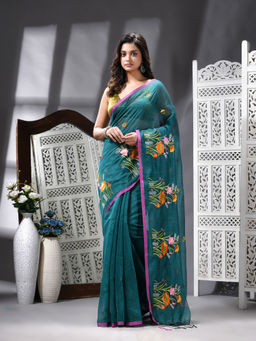 Angoshobha - Cotton Blend Embroidery Handloom Green Saree with Unstitched Blouse