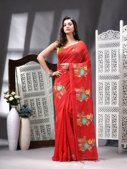Angoshobha - Cotton Blend Embroidery Handloom Red Saree with Unstitched Blouse