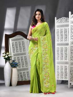 Angoshobha - Cotton Blend Embroidery Handloom Green Saree with Unstitched Blouse