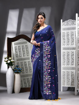 Angoshobha - Cotton Blend Embroidery Handloom Blue Saree with Unstitched Blouse