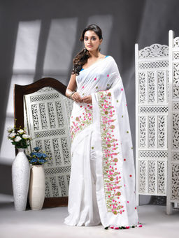 Angoshobha - Cotton Blend Embroidery Handloom White Saree with Unstitched Blouse