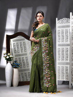 Angoshobha - Cotton Blend Embroidery Handloom Green Saree with Unstitched Blouse