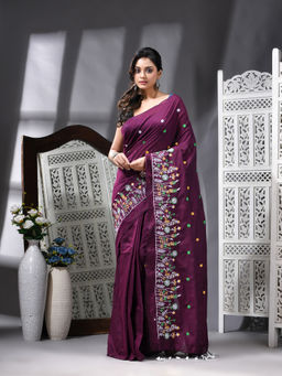 Angoshobha - Cotton Blend Embroidery Handloom Purple Saree with Unstitched Blouse