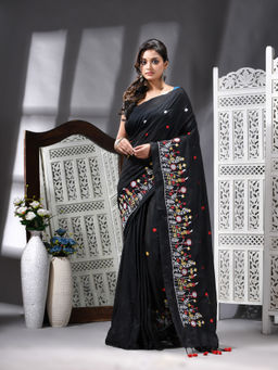 Angoshobha - Cotton Blend Embroidery Handloom Black Saree with Unstitched Blouse