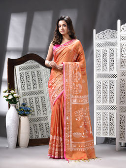 Angoshobha - Handloom Printed Tissue Orange Saree with Unstitched Blouse