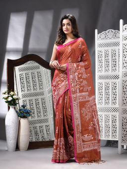 Angoshobha - Handloom Printed Tissue Brown Saree with Unstitched Blouse