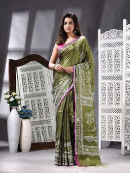 Angoshobha - Handloom Printed Tissue Green Saree with Unstitched Blouse