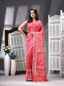 Angoshobha - Handloom Printed Tissue Peach Saree with Unstitched Blouse