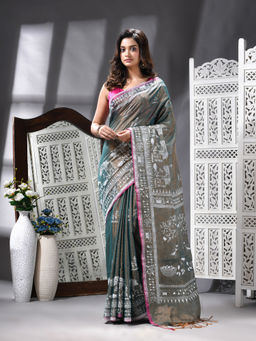 Angoshobha - Handloom Printed Tissue Blue Saree with Unstitched Blouse