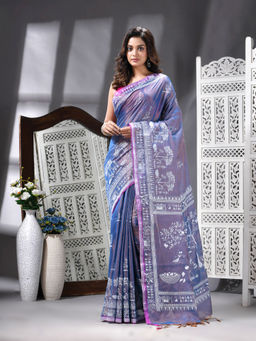 Angoshobha - Handloom Printed Tissue Blue Saree with Unstitched Blouse