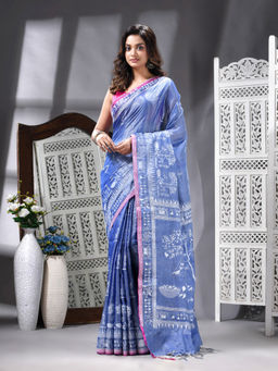 Angoshobha - Handloom Printed Tissue Blue Saree with Unstitched Blouse