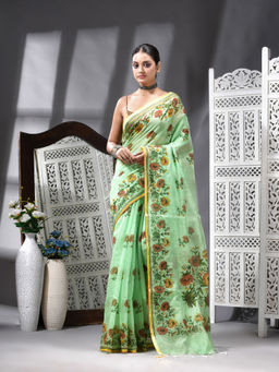 Angoshobha - Cotton Blend Printed Handloom Green Saree with Unstitched Blouse