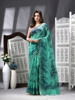 Angoshobha - Cotton Blend Flower Printed Handloom Blue Saree with Unstitched Blouse