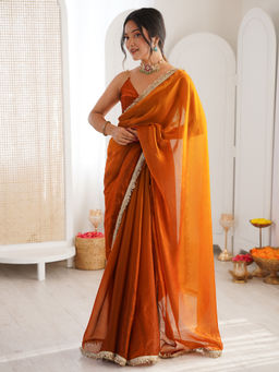 Akhilam - Paper Silk Embellished Designer Bronze Saree With Unstitched Blouse