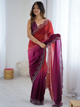 Akhilam - Satin Embellished Designer Wine Saree With Unstitched Blouse