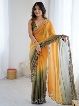 Akhilam - Satin Embellished Designer Mustard Saree With Unstitched Blouse