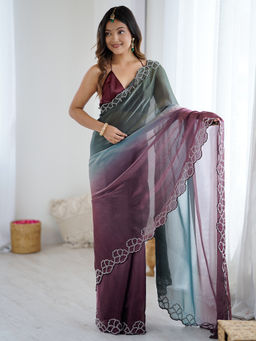 Akhilam - Satin Embellished Designer Metallic Saree With Unstitched Blouse