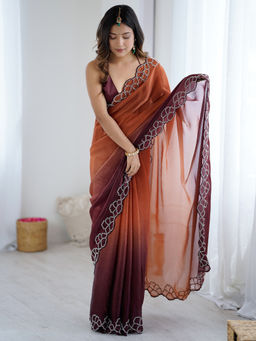 Akhilam - Satin Embellished Designer Copper Saree With Unstitched Blouse