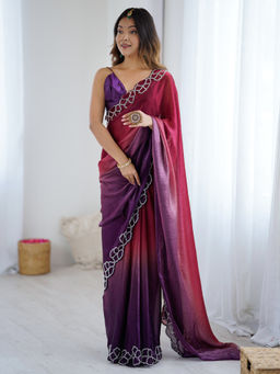 Akhilam - Satin Embellished Designer Purple Saree With Unstitched Blouse