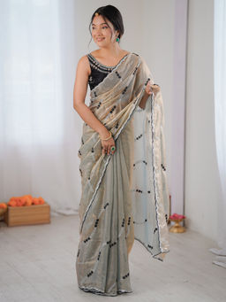 Akhilam - Satin Embellished Designer Silver Saree With Unstitched Blouse