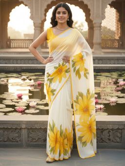 Akhilam - Chiffon Digital Print Designer Yellow Saree With Unstitched Blouse