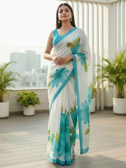 Akhilam - Chiffon Digital Print Designer Teal Saree With Unstitched Blouse