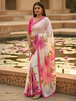 Akhilam - Chiffon Digital Print Designer Pink Saree With Unstitched Blouse