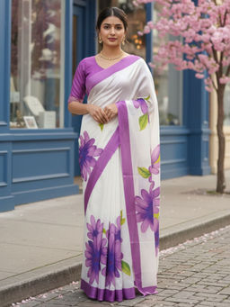 Akhilam - Chiffon Digital Print Designer Purple Saree With Unstitched Blouse