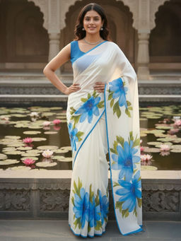 Akhilam - Chiffon Digital Print Designer Blue Saree With Unstitched Blouse