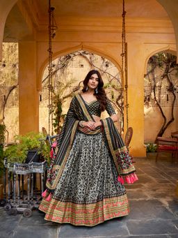 LooknBook Art - Black Taser Silk Lace Border Stitched Lehenga with Unstitched Choli and Dupatta