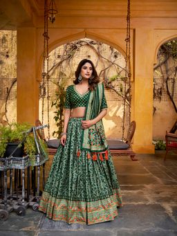 LooknBook Art - Green Taser Silk Lace Border Stitched Lehenga with Unstitched Choli and Dupatta