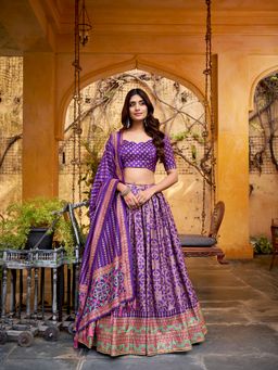 LooknBook Art - Purple Taser Silk Lace Border Stitched Lehenga with Unstitched Choli and Dupatta