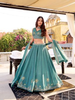 LooknBook Art - Blue Chocolate Crush Embroidery Stitched Lehenga with Unstitched Choli and Dupatta