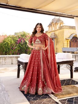 LooknBook Art - Rust Chocolate Crush Embroidery Stitched Lehenga with Unstitched Choli and Dupatta