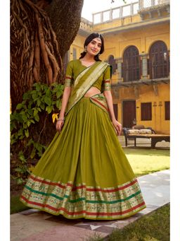 LooknBook Art - Green Pure Chanderi Zari Work Stitched Lehenga with Unstitched Choli and Dupatta