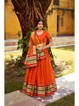 LooknBook Art - Orange Pure Chanderi Zari Work Stitched Lehenga with Unstitched Choli and Dupatta