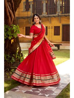 LooknBook Art - Red Pure Chanderi Zari Work Stitched Lehenga with Unstitched Choli and Dupatta