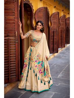 LooknBook Art - Off White Pathani Zari Stitched Lehenga with Unstitched Choli and Dupatta