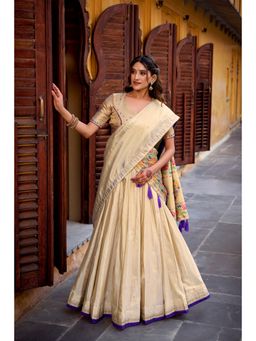 LooknBook Art - Off White Pathani Zari Stitched Lehenga with Unstitched Choli and Dupatta
