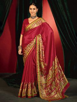MEENA BAZAAR - Printed Chiffon Red Saree without Blouse