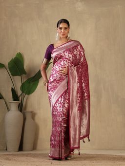 MEENA BAZAAR - Woven Art Silk Wine Saree without Blouse