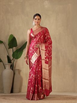 MEENA BAZAAR - Woven Crepe Pink Saree without Blouse