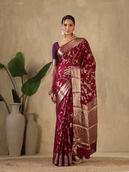 MEENA BAZAAR - Woven Crepe Maroon Saree without Blouse