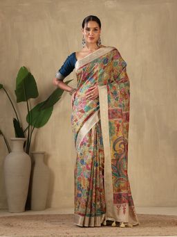 MEENA BAZAAR - Floral Art Silk Mustard Saree without Blouse