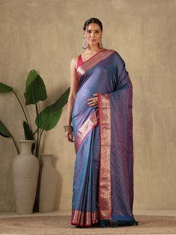 MEENA BAZAAR - Woven Art Silk Blue Saree without Blouse
