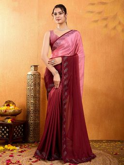 MEENA BAZAAR - Stone Work Chinon Red Saree without Blouse