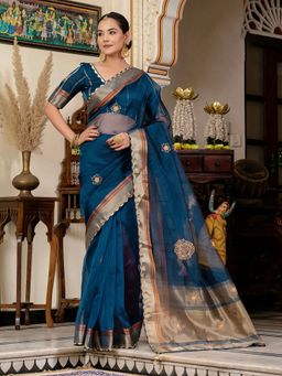 MEENA BAZAAR - Embroidered Linen Blue Saree without Blouse