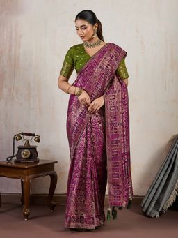 MEENA BAZAAR - Woven Art Silk Wine Saree without Blouse