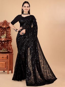 MEENA BAZAAR - Embellished Georgette Black Saree without Blouse
