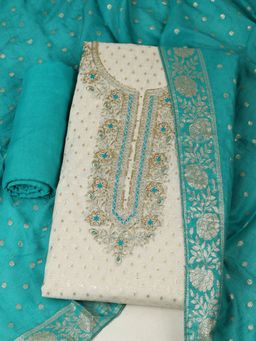MEENA BAZAAR - Women Embroidered Chanderi Blue Unstitched Kurta with Pant and Dupatta